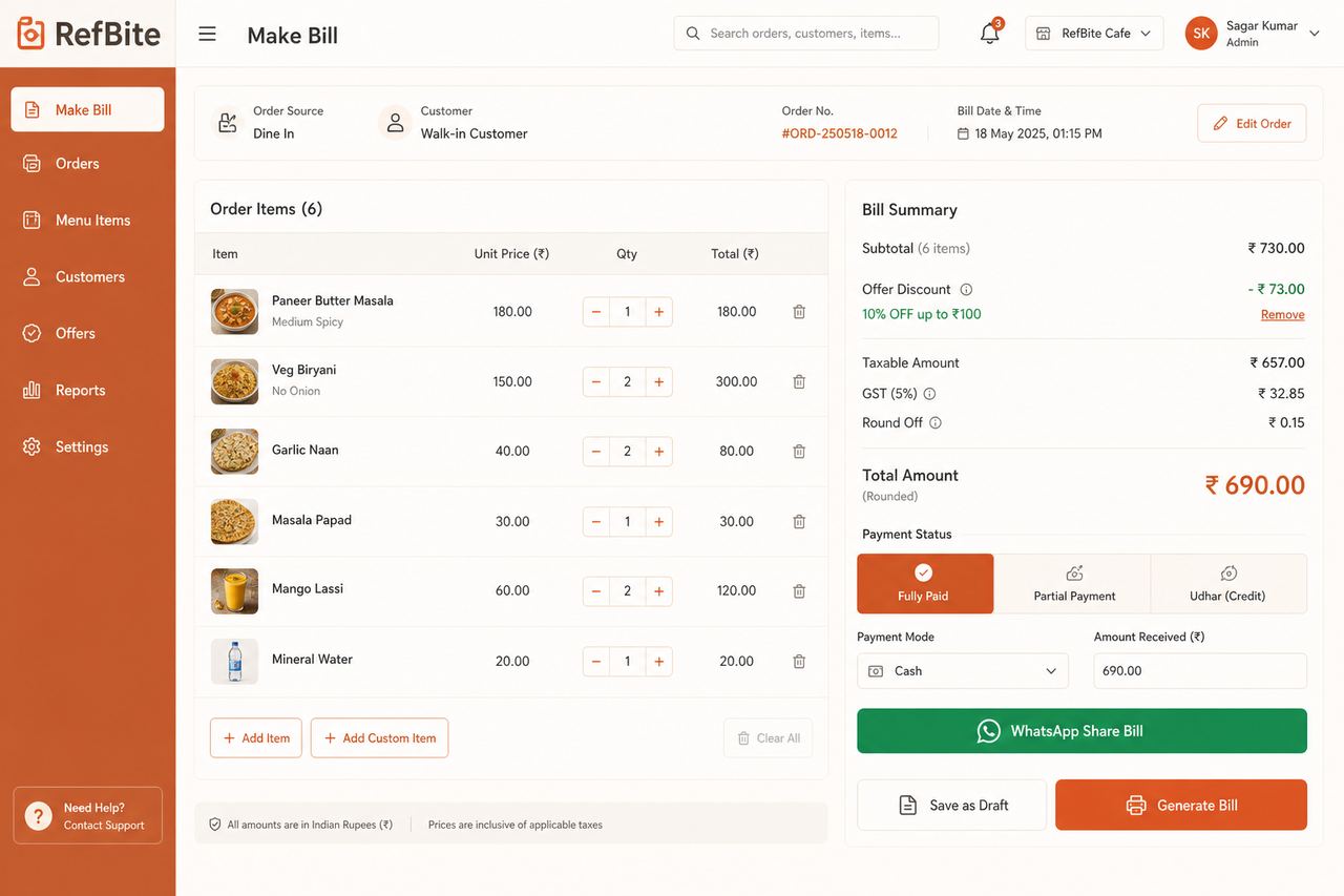 RefBite Make Bill screen with discounts GST and WhatsApp share