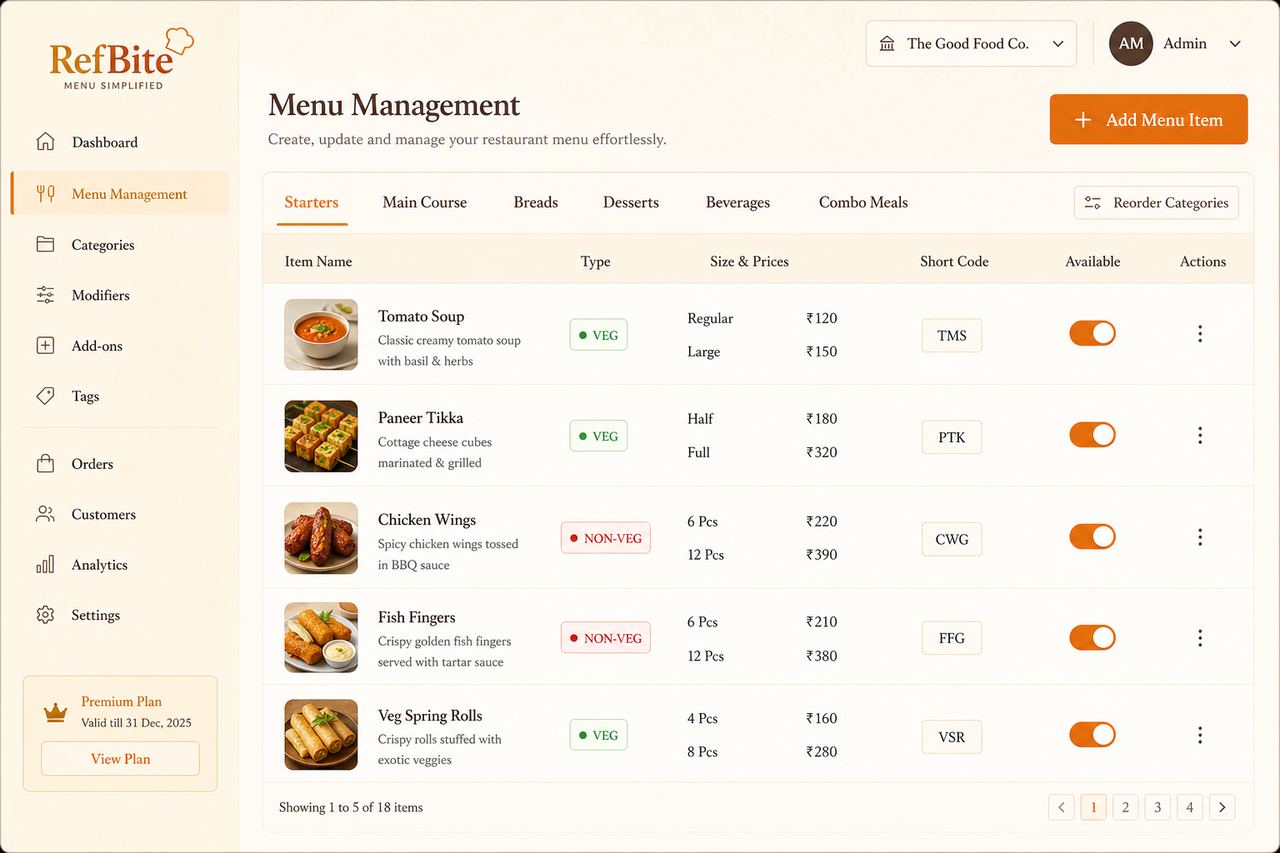 RefBite menu management with categories prices and availability toggles