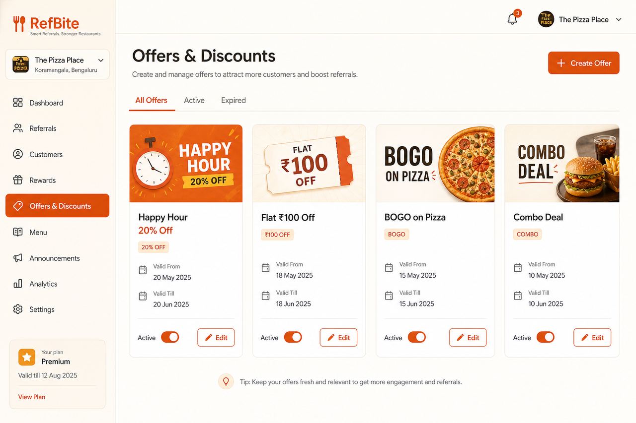 RefBite offers page with happy hour percentage BOGO and combo deals