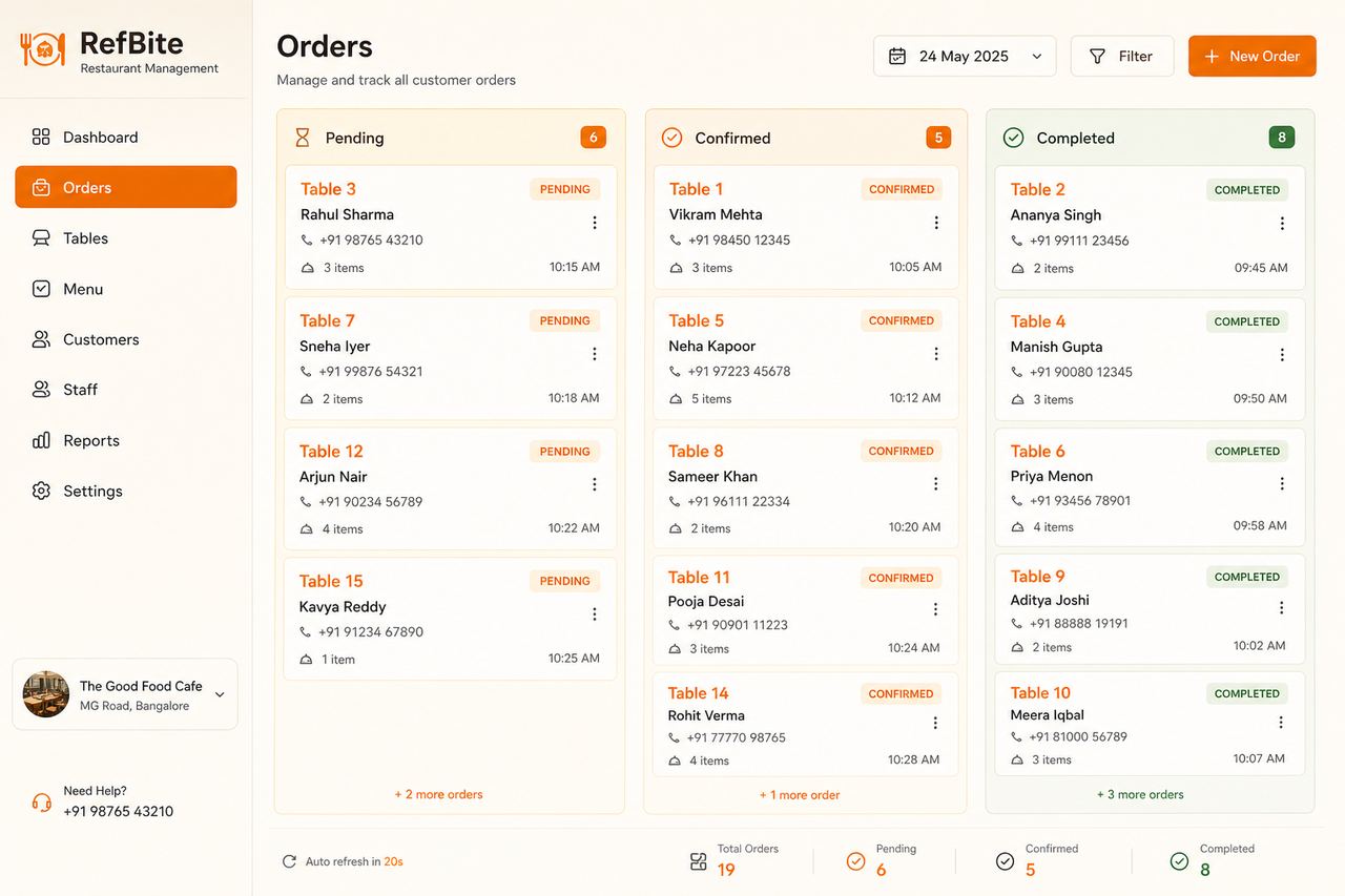 RefBite live orders board with pending confirmed and completed statuses