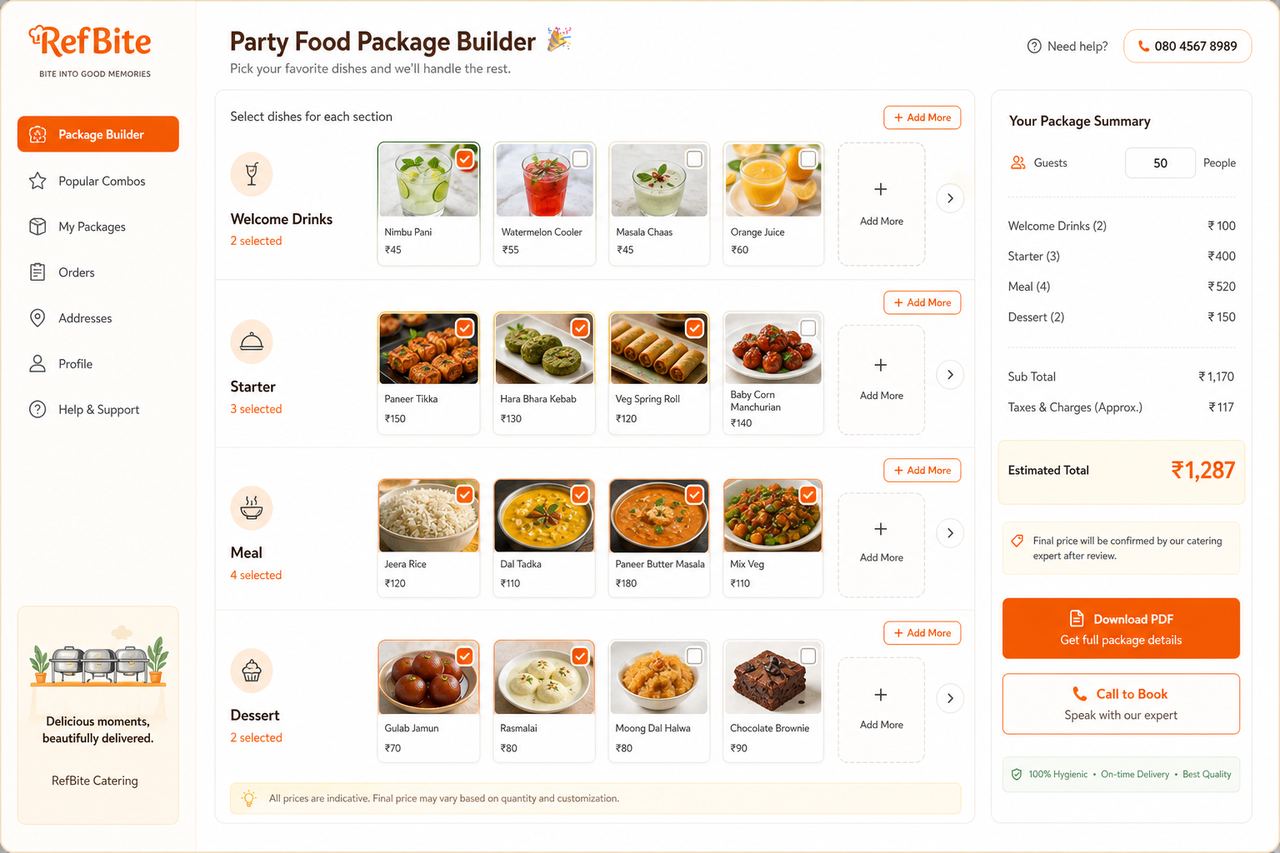 RefBite party food package builder with drink starter meal and dessert buckets