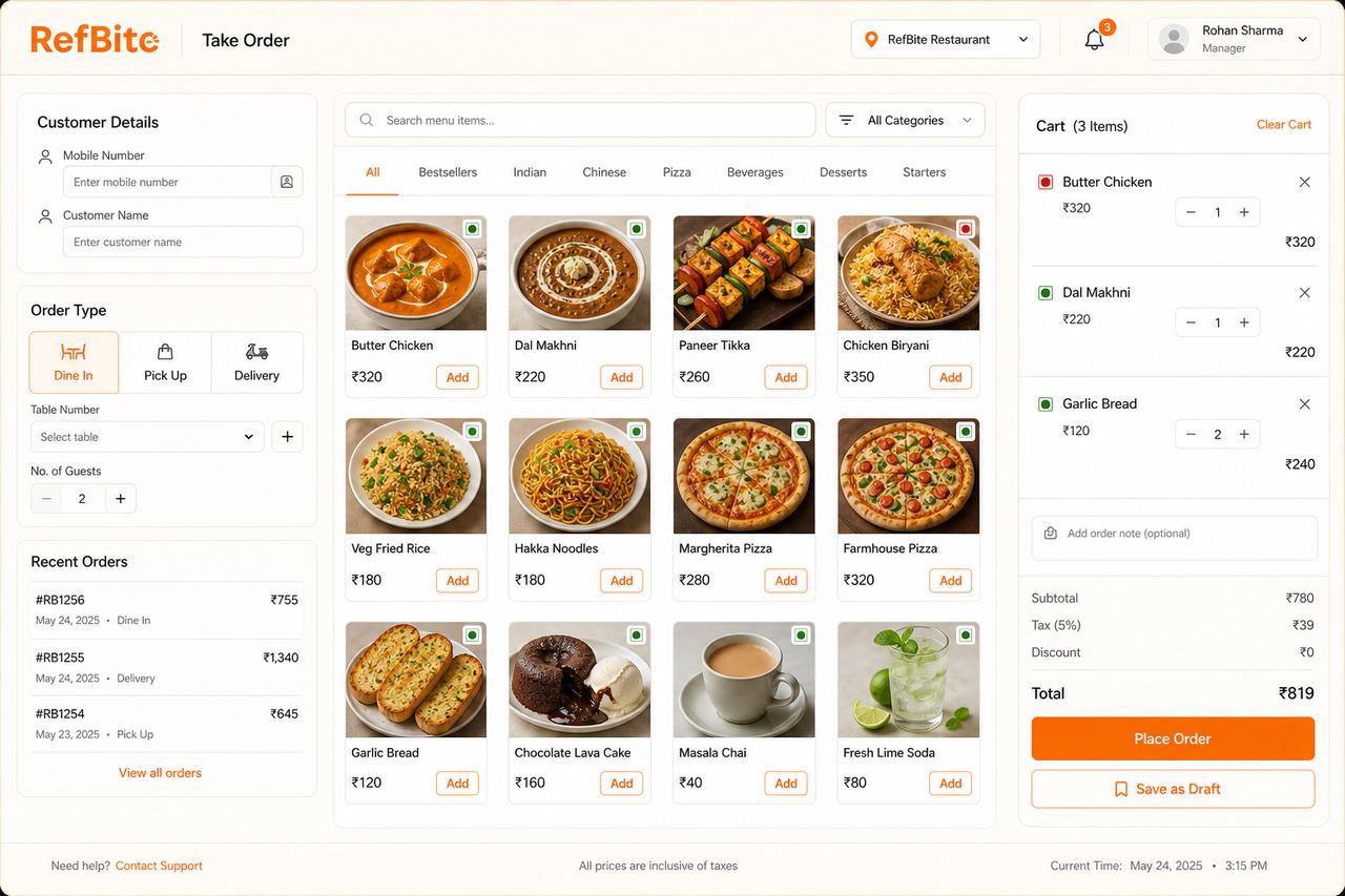 RefBite Take Order screen with customer details, menu items and cart